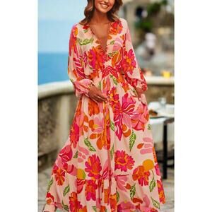 Gold & Silver Paris Maxi Floral Cotton Dress Flare M/L A001828